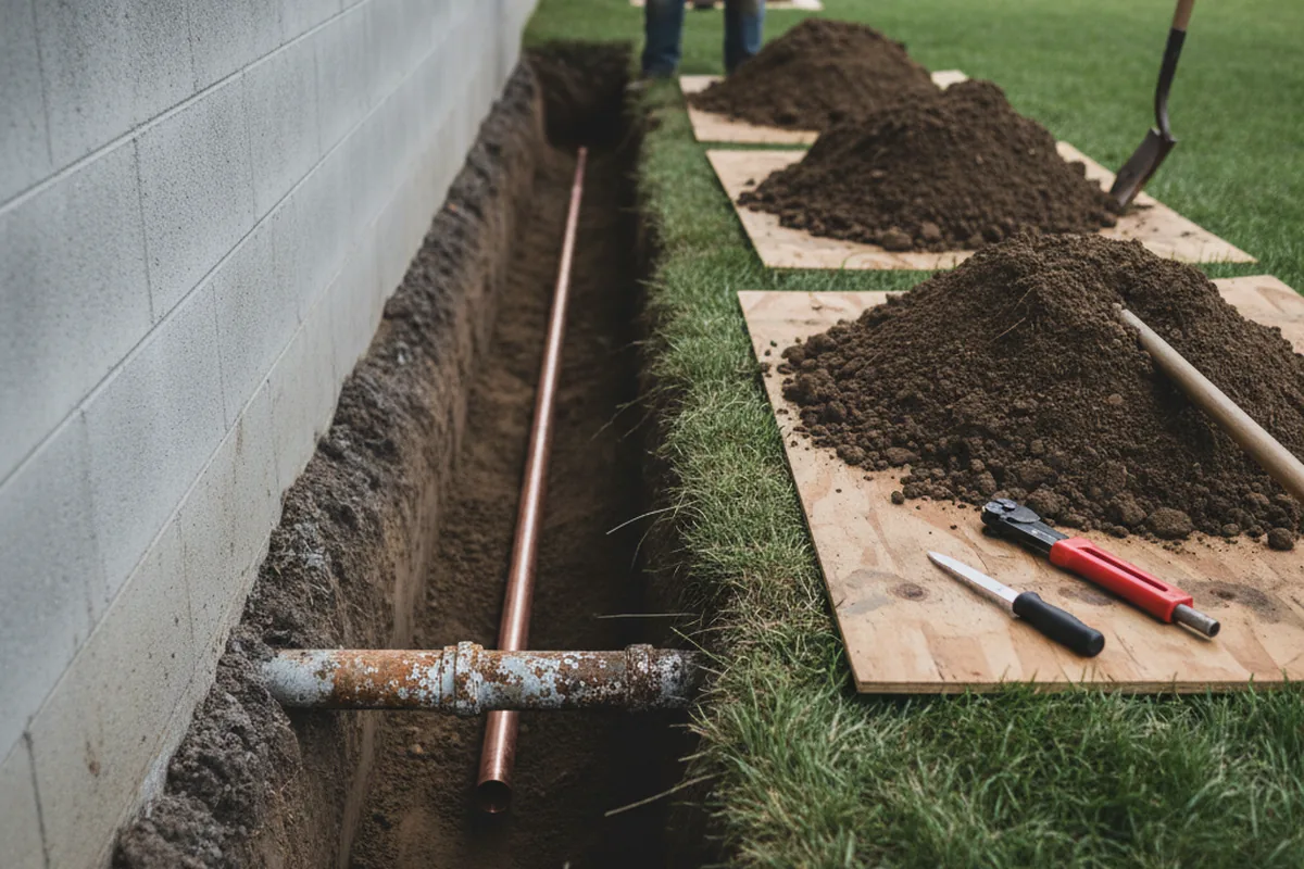 Excavated water line trench during Sewer Line Repair in West Babylon